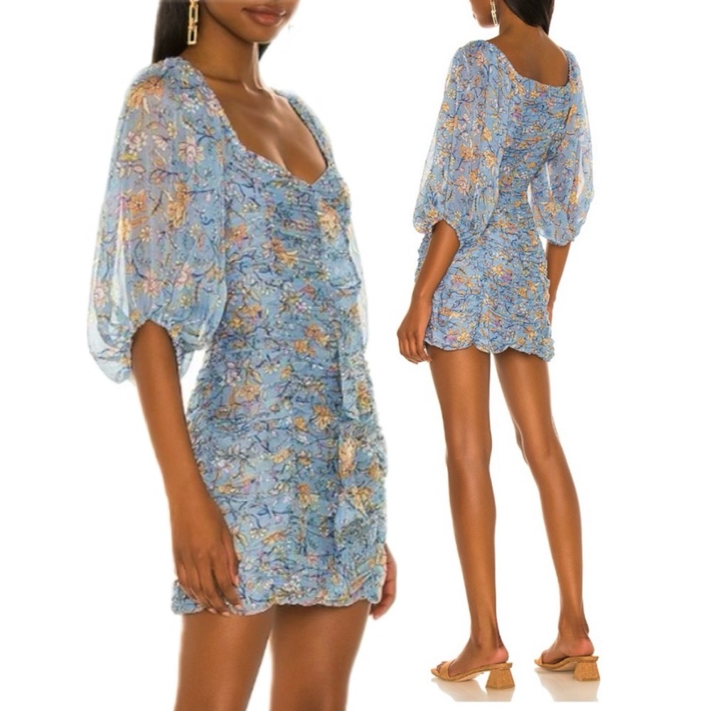 MINKPINK Floral Puff Sleeve Milkmaid Dress Size M Sheer Ruched Ruffle Front